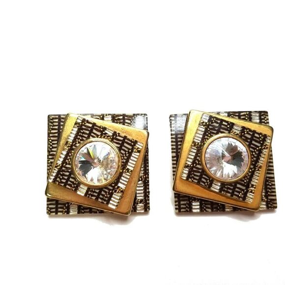 Vintage Clear Rivoli Rhinestone Layered Ceramic Clip Earrings, 1 1/8 Inches - Picture 2 of 7